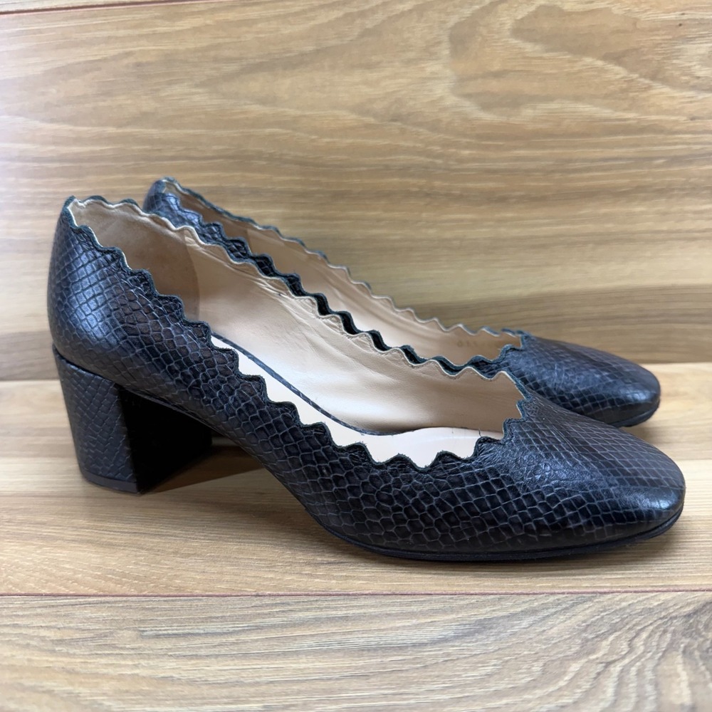 Chloe Scalloped Pumps Snake Embossed Black Gray 7 EU 37 Mid Heel Formal Business